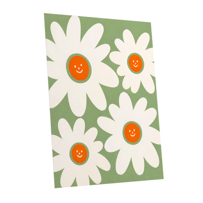 Daisies with a Smile, green, white, orange floral wall art shown as a unframed poster wall art print