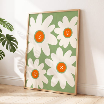 Daisies with a Smile, green, white, orange floral wall art displayed in a styled interior, gallery view 2