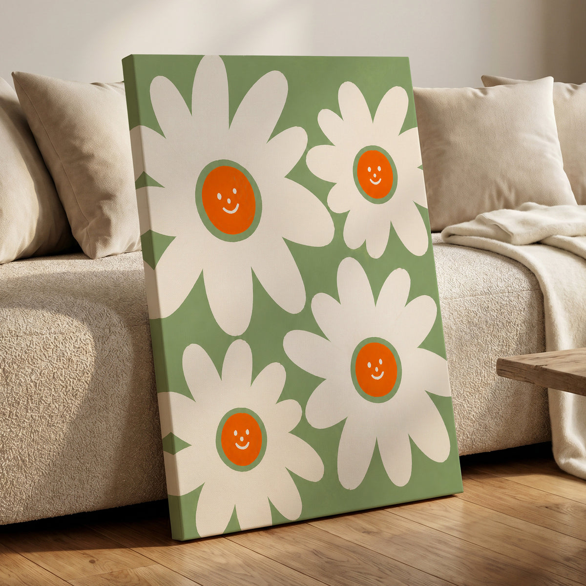 Daisies with a Smile, green, white, orange floral wall art displayed in a styled interior, gallery view 3