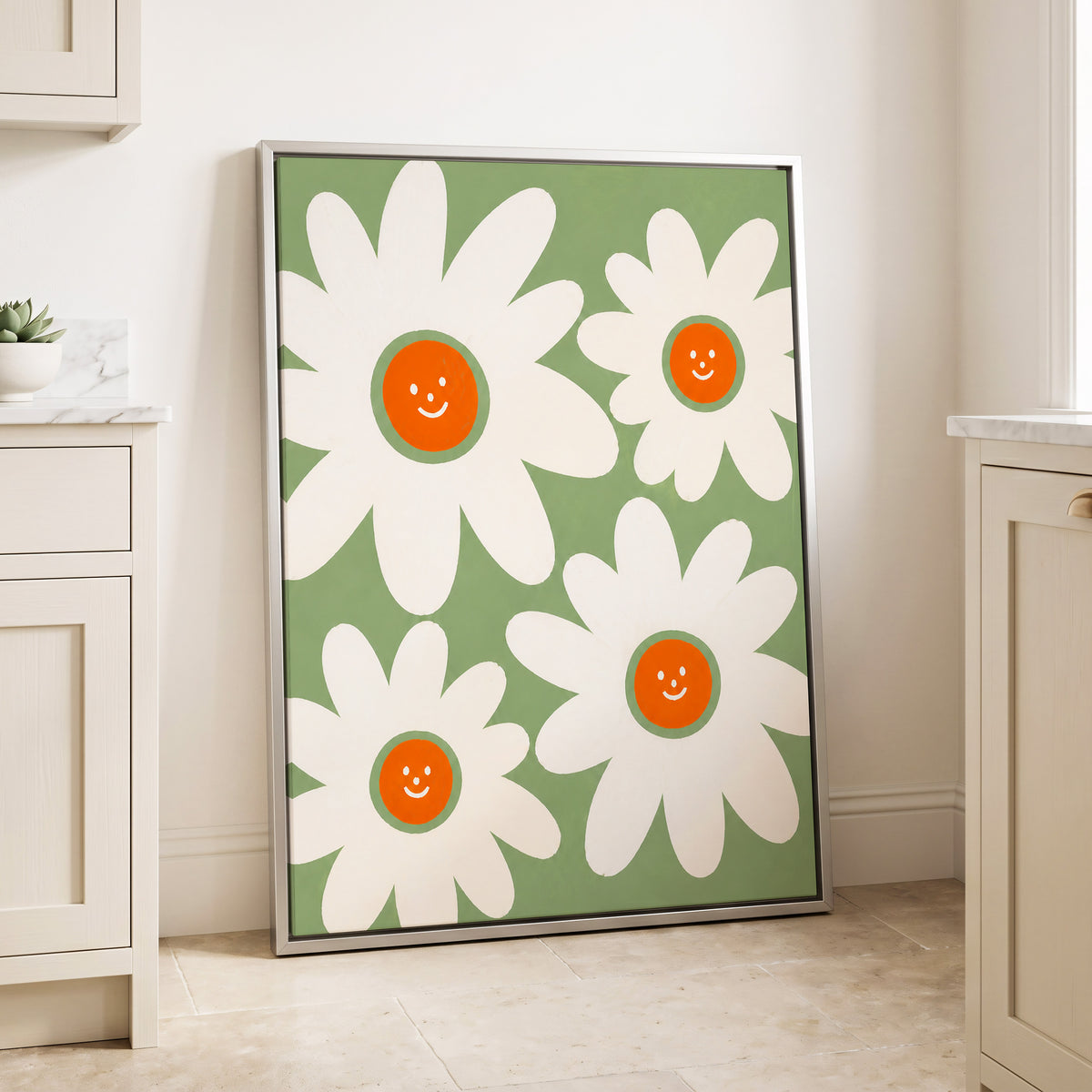 Daisies with a Smile, green, white, orange floral wall art displayed in a styled interior, gallery view 4
