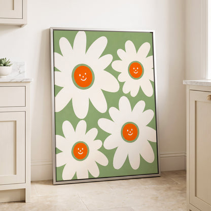 Daisies with a Smile, green, white, orange floral wall art displayed in a styled interior, gallery view 4