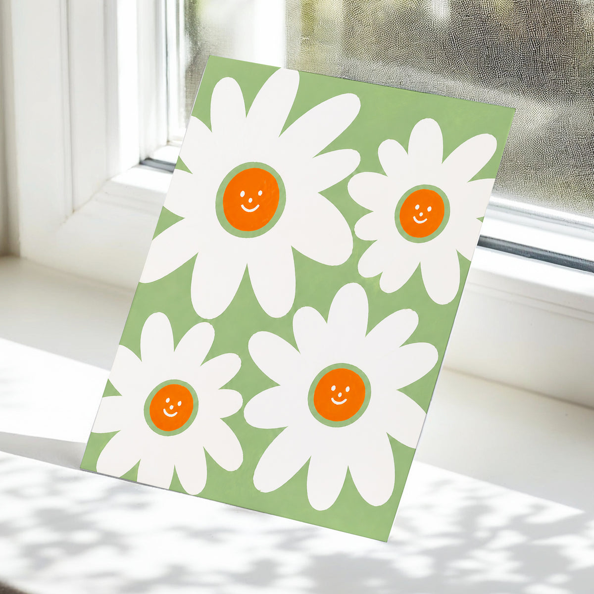 Daisies with a Smile, green, white, orange floral wall art displayed in a styled interior, gallery view 5