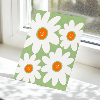 Daisies with a Smile, green, white, orange floral wall art displayed in a styled interior, gallery view 5