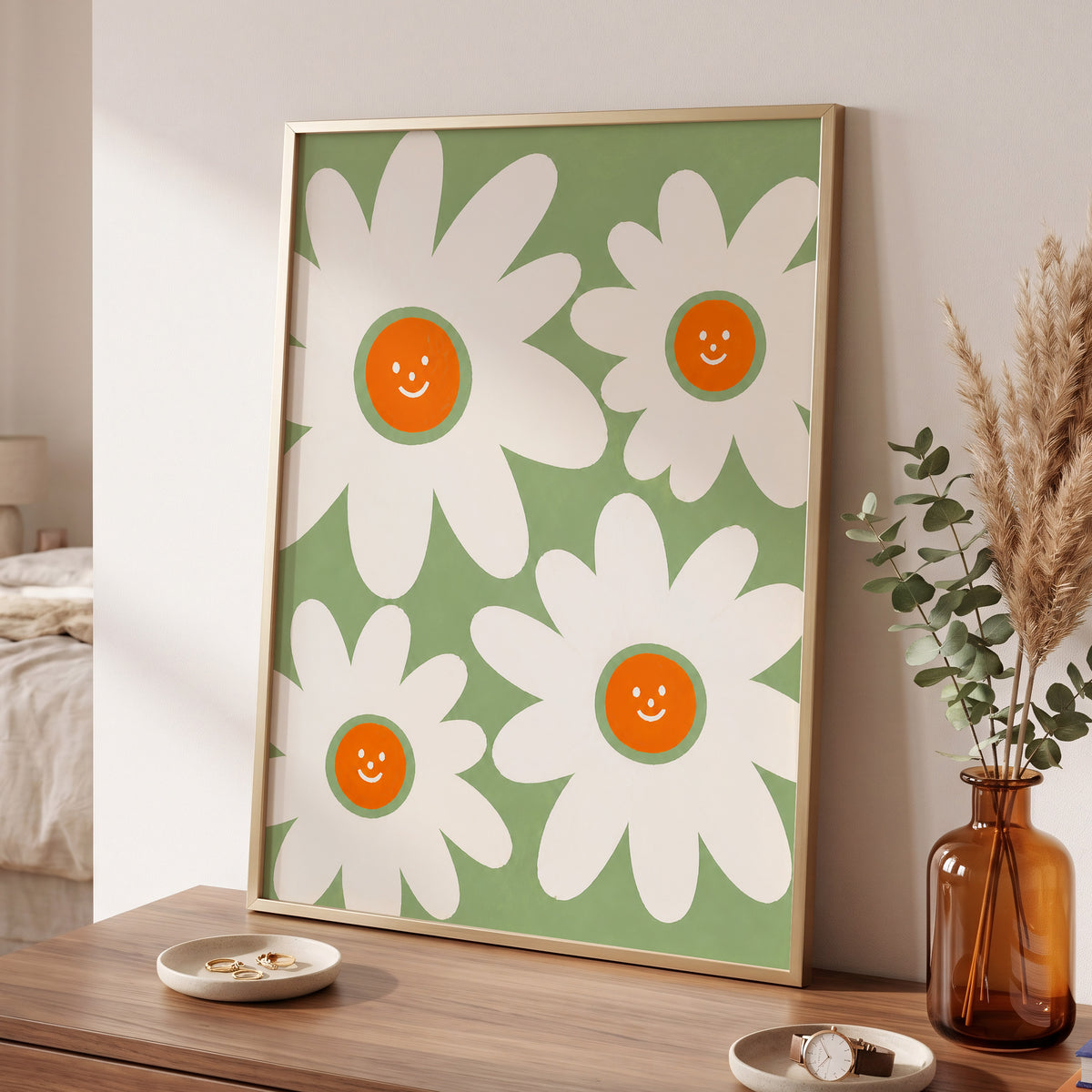 Daisies with a Smile, green, white, orange floral wall art displayed in a styled interior, gallery view 6