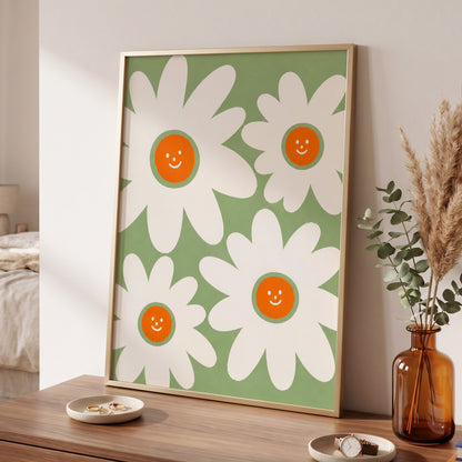 Daisies with a Smile, green, white, orange floral wall art displayed in a styled interior, gallery view 6