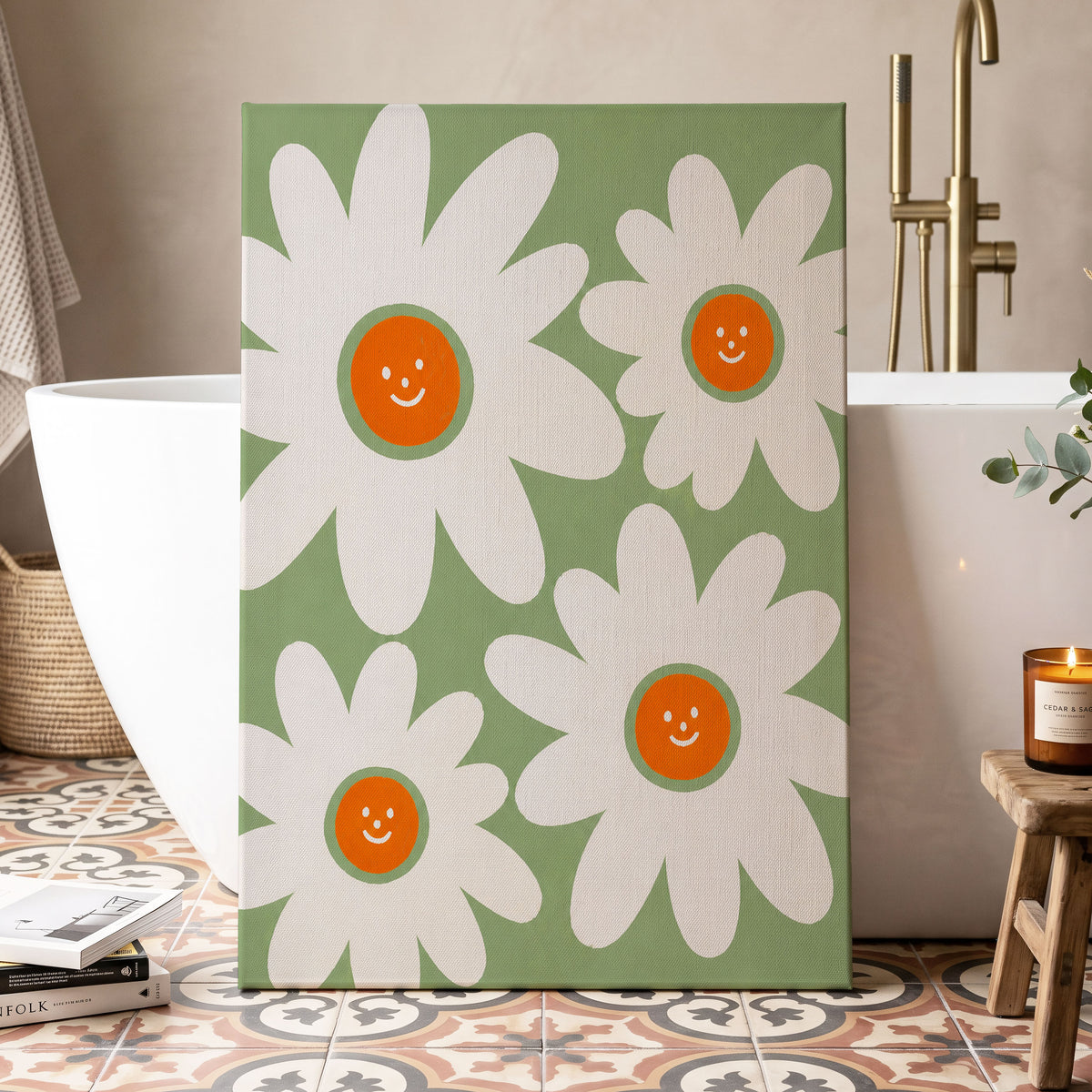 Daisies with a Smile, green, white, orange floral wall art displayed in a styled interior, gallery view 7