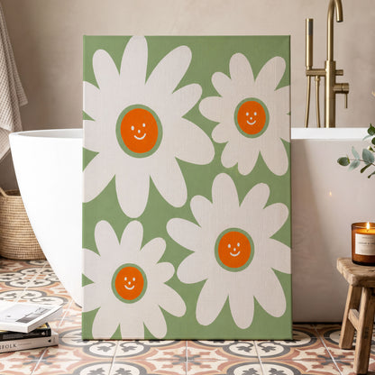 Daisies with a Smile, green, white, orange floral wall art displayed in a styled interior, gallery view 7