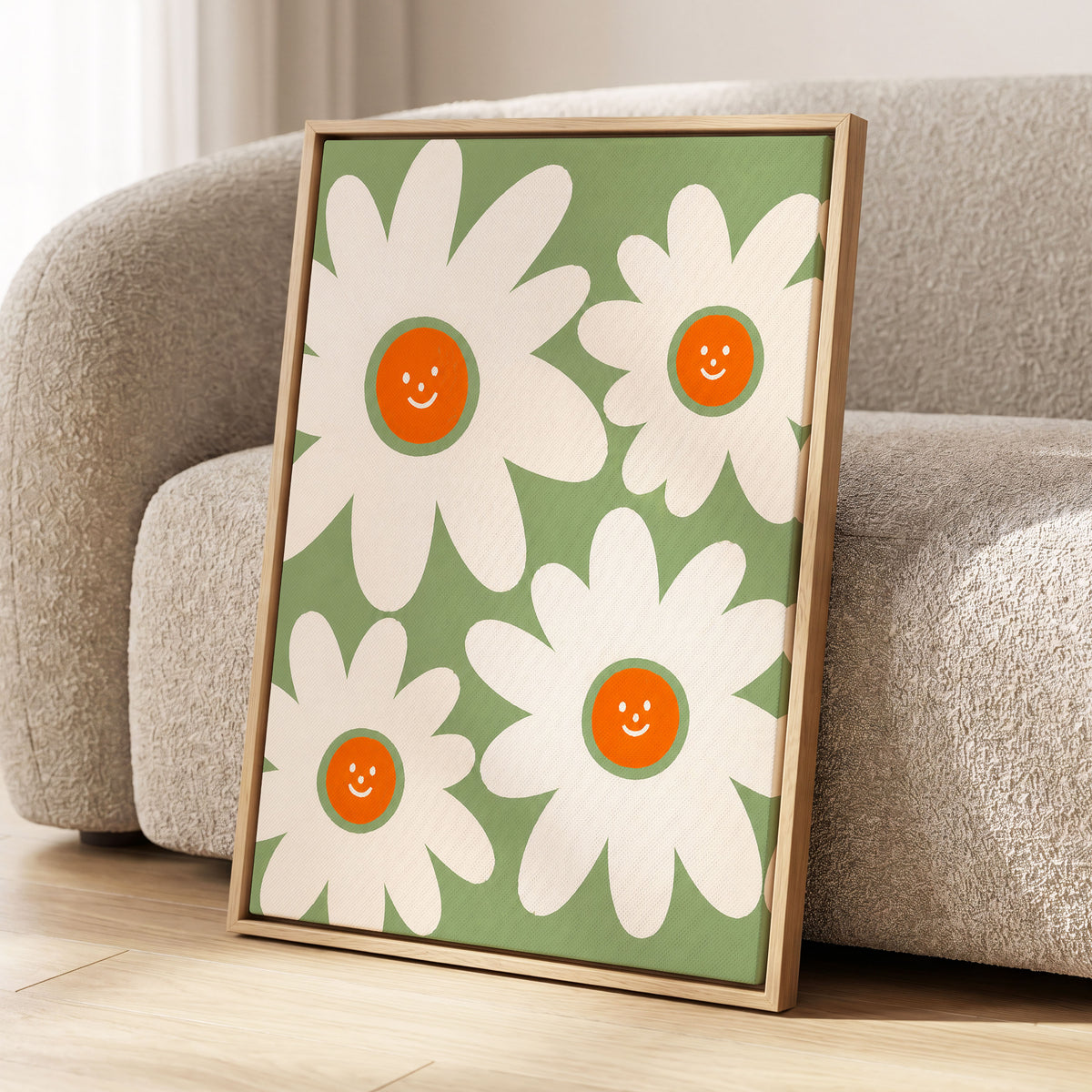 Daisies with a Smile, green, white, orange floral wall art displayed in a styled interior, gallery view 8