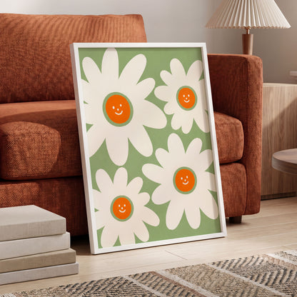 Daisies with a Smile, green, white, orange floral wall art displayed in a styled interior, gallery view 9