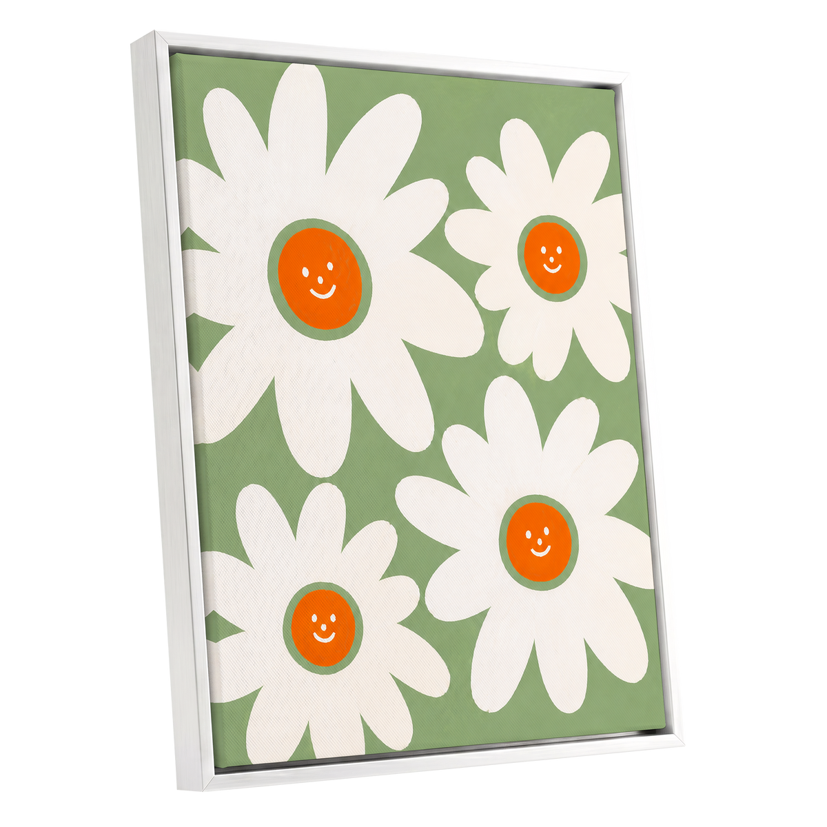 Daisies with a Smile, green, white, orange floral wall art shown as a white framed canvas wall art