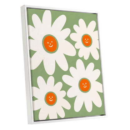 Daisies with a Smile, green, white, orange floral wall art shown as a white framed canvas wall art