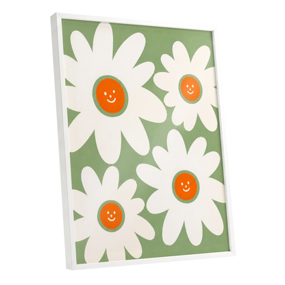 Daisies with a Smile, green, white, orange floral wall art shown as a white framed poster wall art print