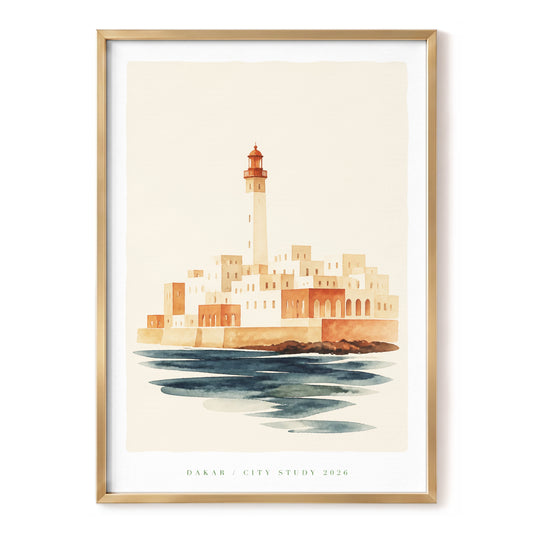Dakar Beacon, beige, orange, blue minimalist wall art, front artwork view