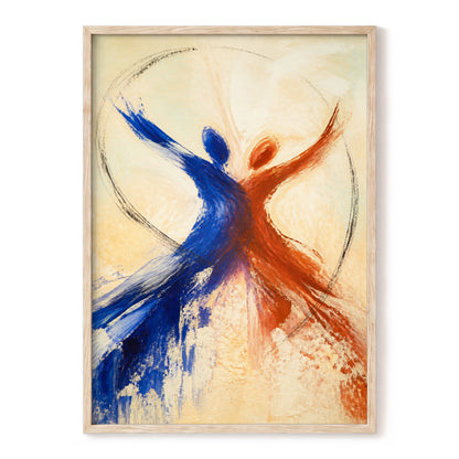 Dance in Blue and Ember, blue, orange, beige abstract wall art, front artwork view