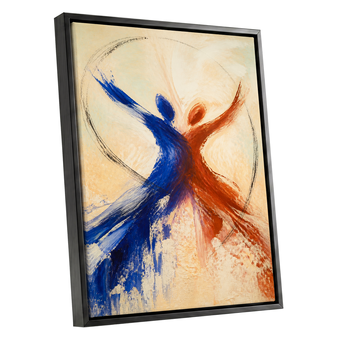 Dance in Blue and Ember, blue, orange, beige abstract wall art shown as a black framed canvas wall art
