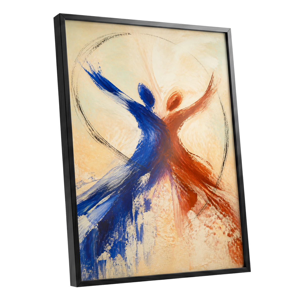Dance in Blue and Ember, blue, orange, beige abstract wall art shown as a black framed poster wall art print