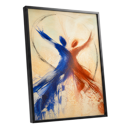 Dance in Blue and Ember, blue, orange, beige abstract wall art shown as a black framed poster wall art print
