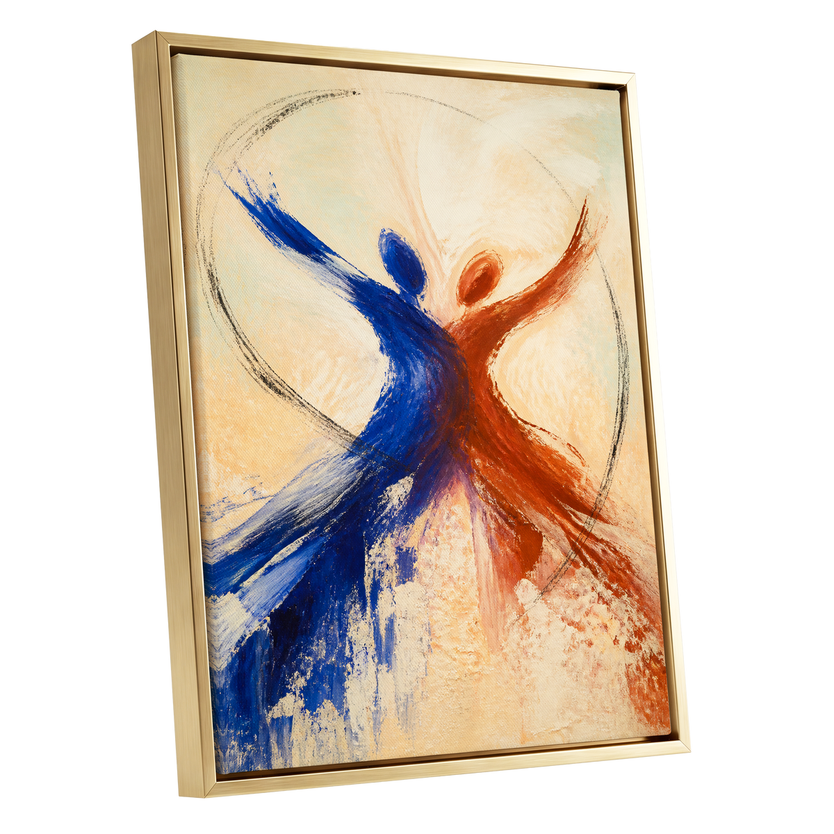 Dance in Blue and Ember, blue, orange, beige abstract wall art shown as a gold framed canvas wall art