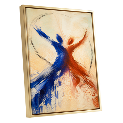 Dance in Blue and Ember, blue, orange, beige abstract wall art shown as a gold framed canvas wall art