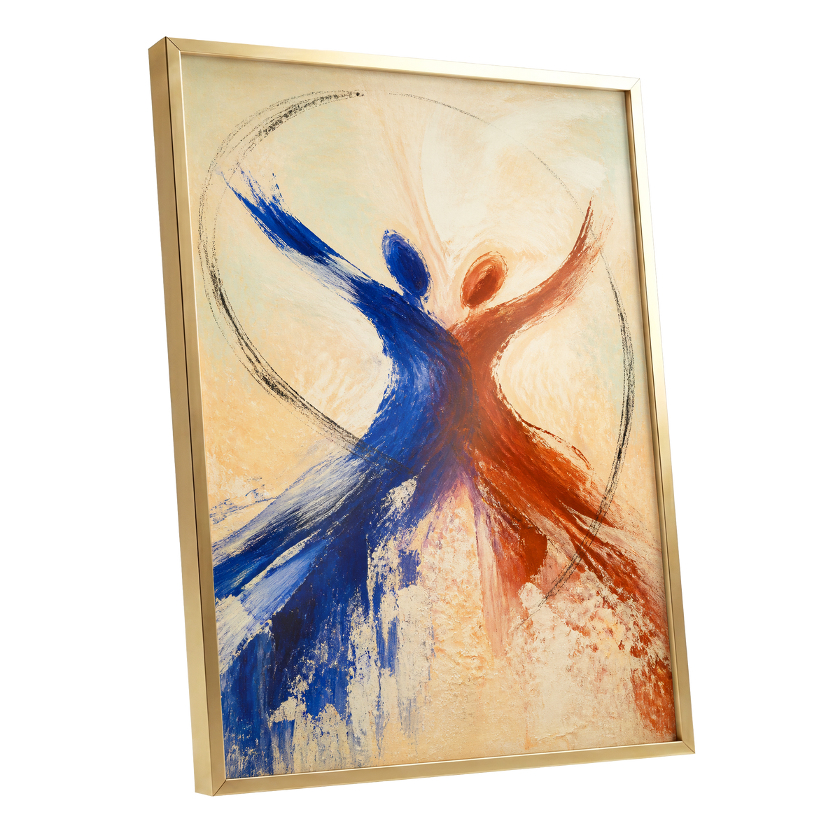 Dance in Blue and Ember, blue, orange, beige abstract wall art shown as a gold framed poster wall art print
