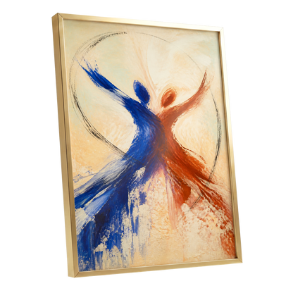 Dance in Blue and Ember, blue, orange, beige abstract wall art shown as a gold framed poster wall art print