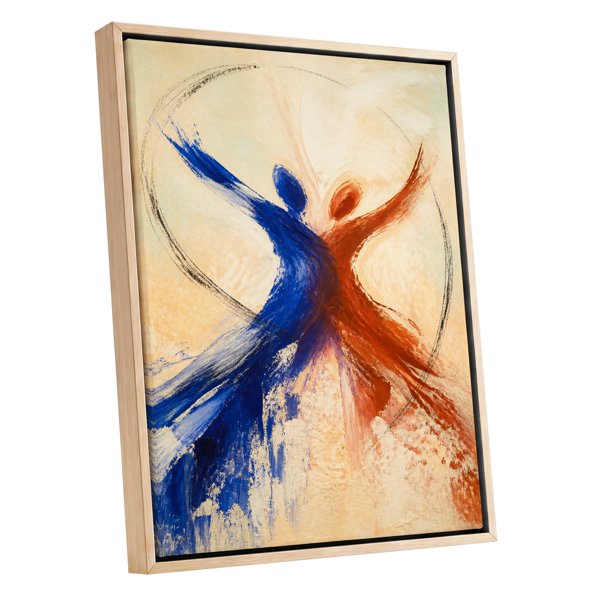Dance in Blue and Ember, blue, orange, beige abstract wall art shown as a oak framed canvas wall art