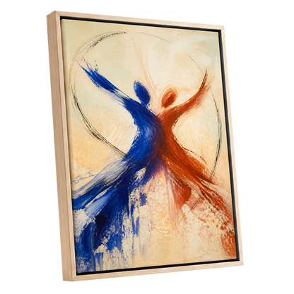 Dance in Blue and Ember, blue, orange, beige abstract wall art shown as a oak framed canvas wall art