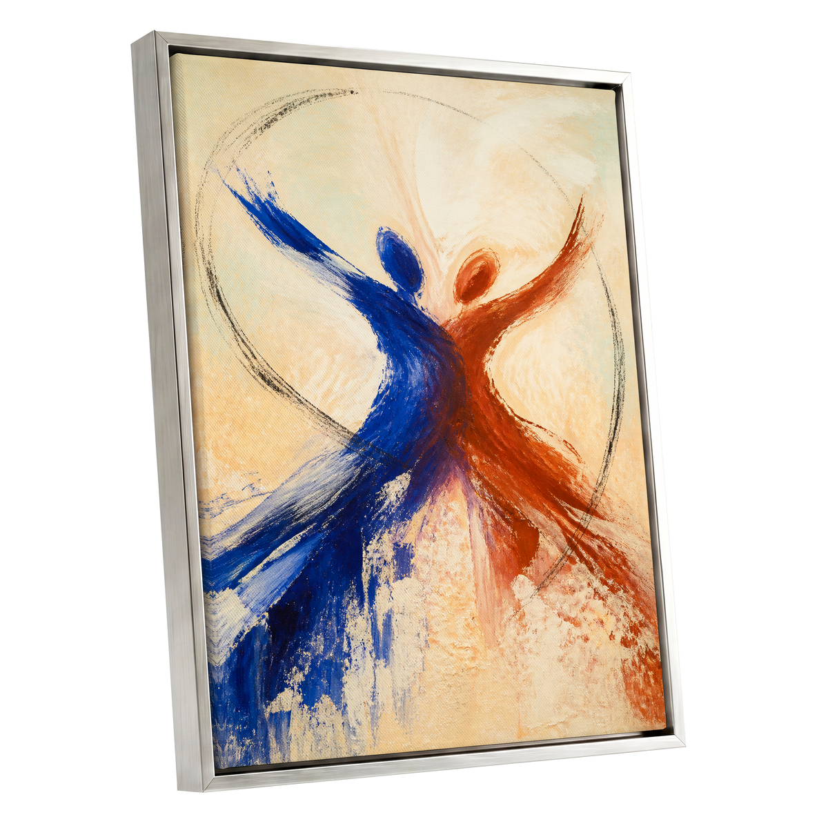 Dance in Blue and Ember, blue, orange, beige abstract wall art shown as a silver framed canvas wall art