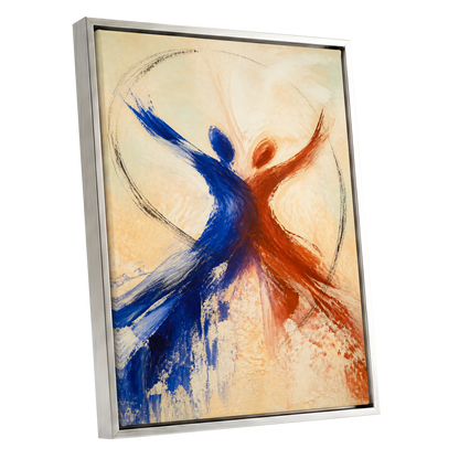 Dance in Blue and Ember, blue, orange, beige abstract wall art shown as a silver framed canvas wall art