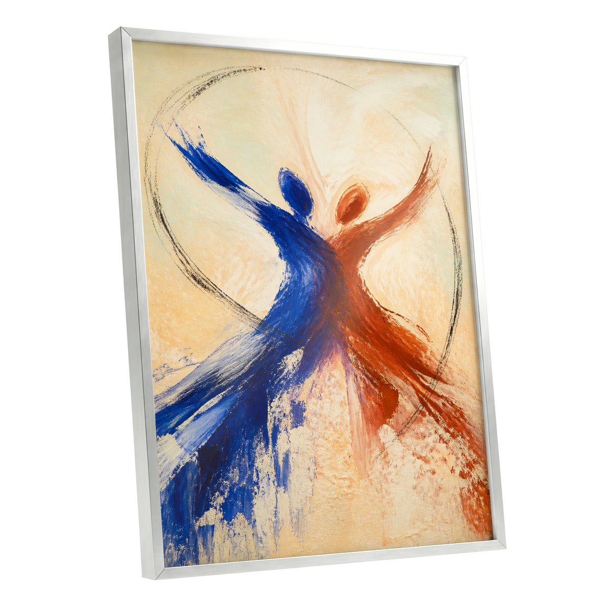 Dance in Blue and Ember, blue, orange, beige abstract wall art shown as a silver framed poster wall art print