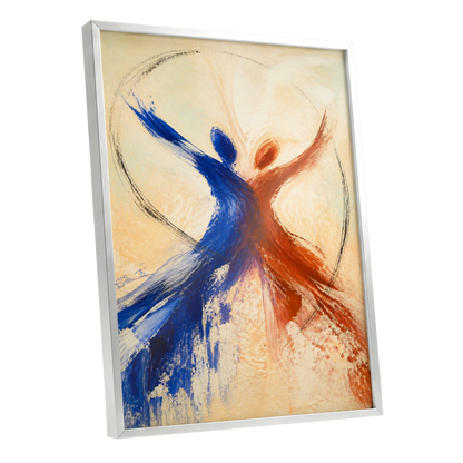 Dance in Blue and Ember, blue, orange, beige abstract wall art shown as a silver framed poster wall art print