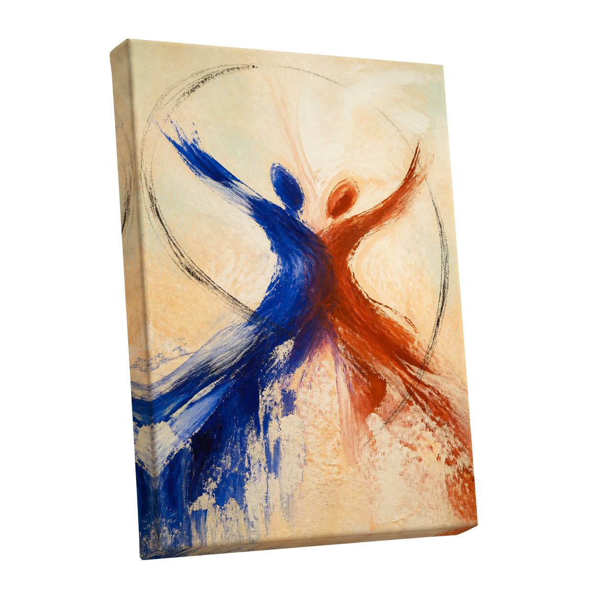 Dance in Blue and Ember, blue, orange, beige abstract wall art shown as a stretched canvas wall art