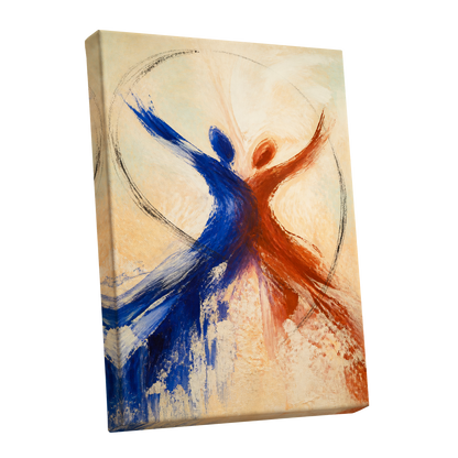 Dance in Blue and Ember, blue, orange, beige abstract wall art shown as a stretched canvas wall art