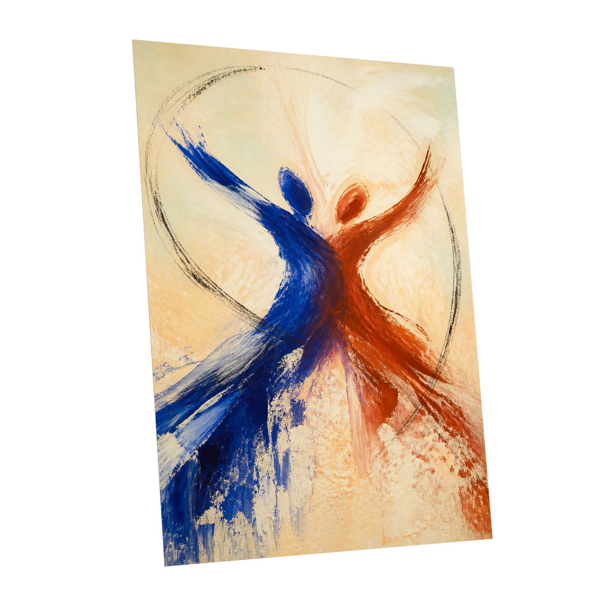 Dance in Blue and Ember, blue, orange, beige abstract wall art shown as a unframed poster wall art print
