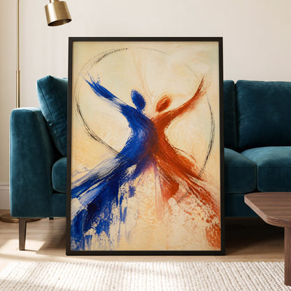Dance in Blue and Ember, blue, orange, beige abstract wall art displayed in a styled interior, gallery view 2