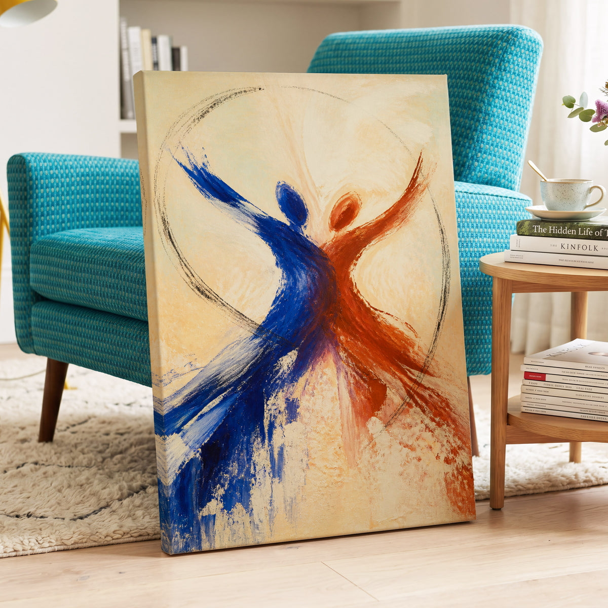 Dance in Blue and Ember, blue, orange, beige abstract wall art displayed in a styled interior, gallery view 3