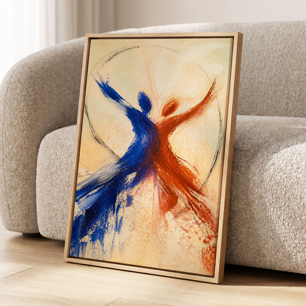 Dance in Blue and Ember, blue, orange, beige abstract wall art displayed in a styled interior, gallery view 4