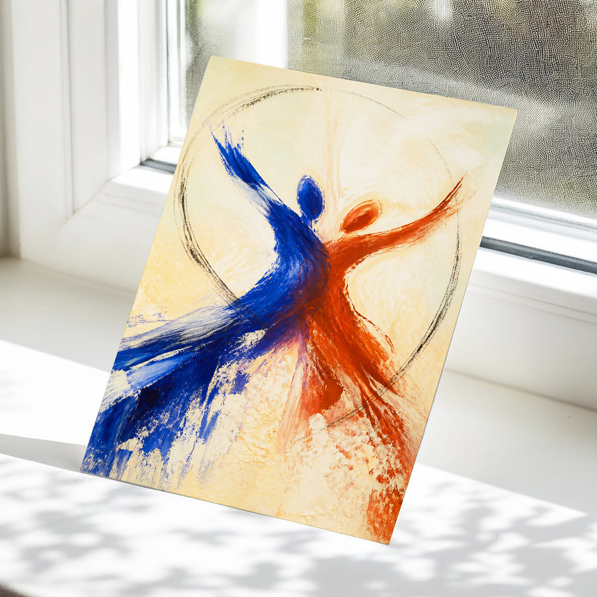 Dance in Blue and Ember, blue, orange, beige abstract wall art displayed in a styled interior, gallery view 5