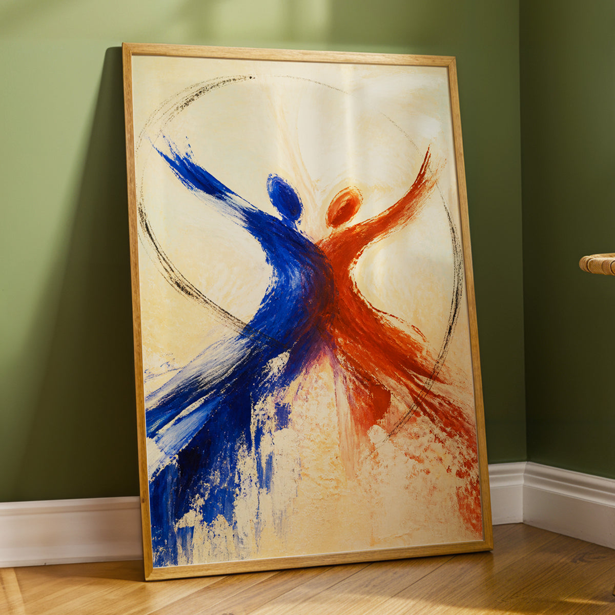 Dance in Blue and Ember, blue, orange, beige abstract wall art displayed in a styled interior, gallery view 6