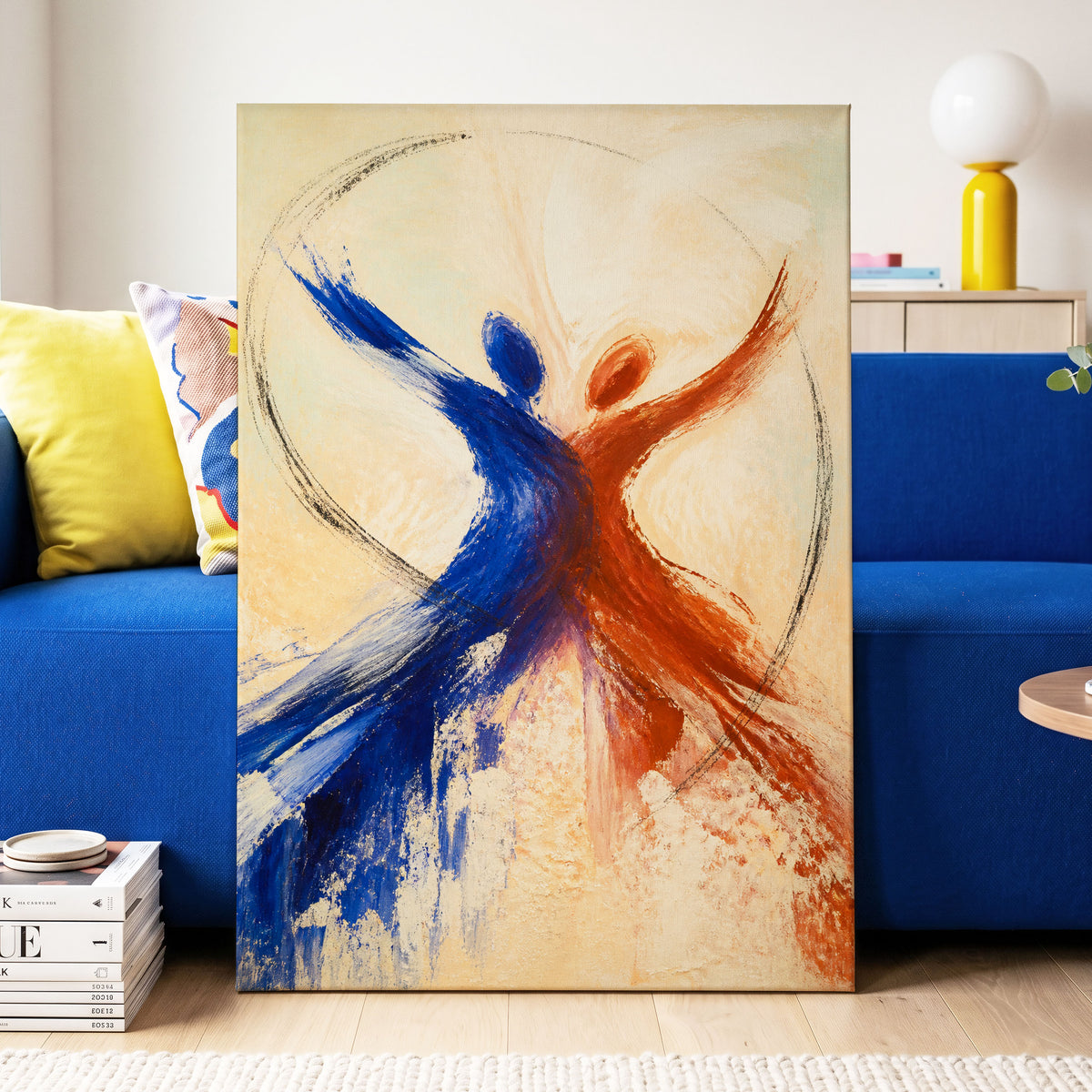Dance in Blue and Ember, blue, orange, beige abstract wall art displayed in a styled interior, gallery view 7