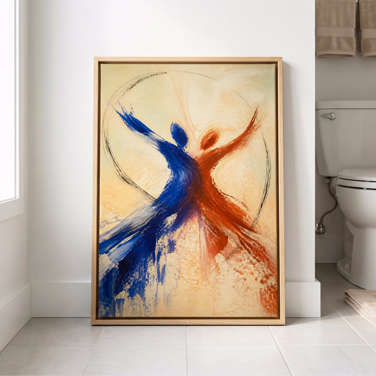 Dance in Blue and Ember, blue, orange, beige abstract wall art displayed in a styled interior, gallery view 8