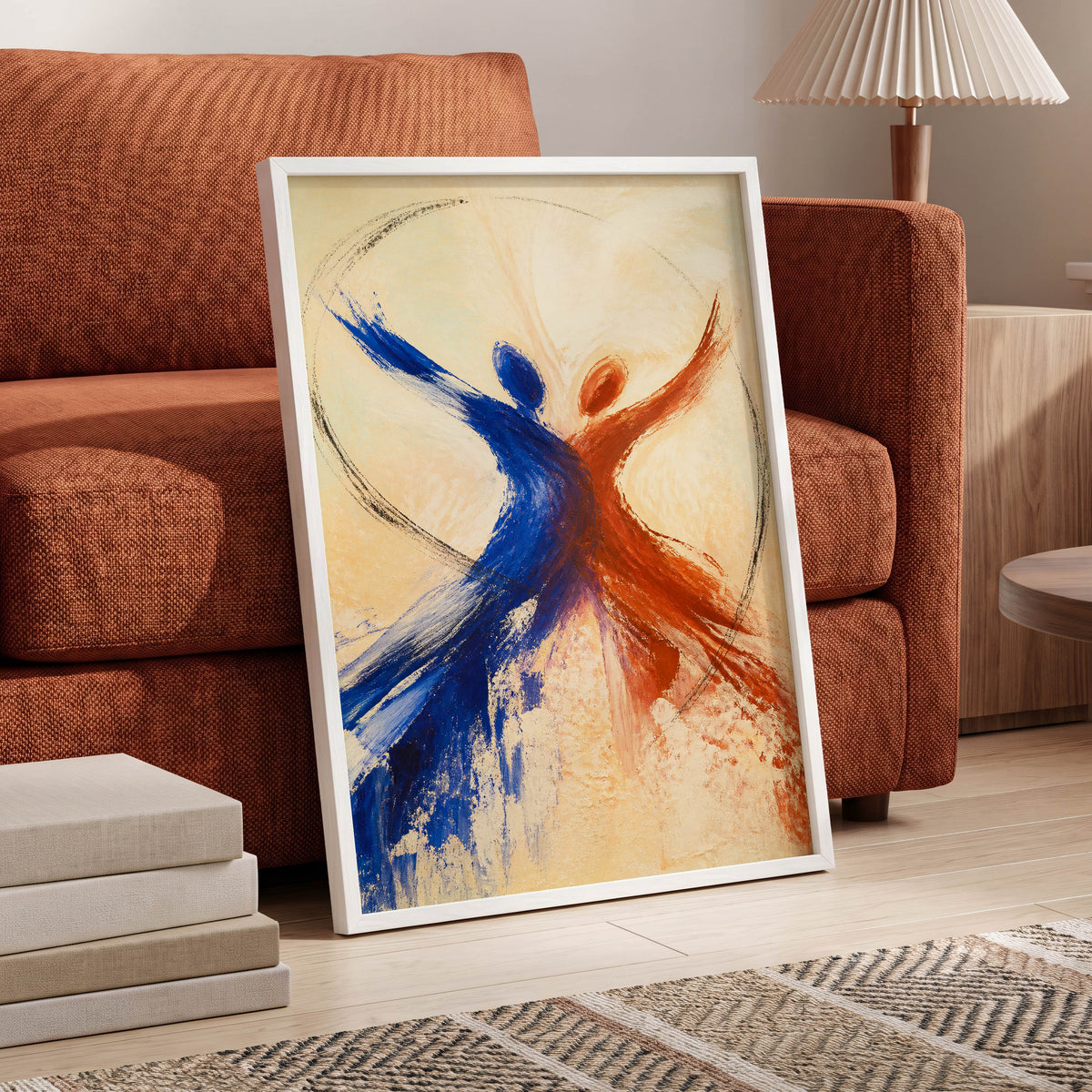 Dance in Blue and Ember, blue, orange, beige abstract wall art displayed in a styled interior, gallery view 9