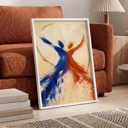 Dance in Blue and Ember, blue, orange, beige abstract wall art displayed in a styled interior, gallery view 9