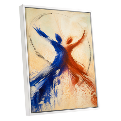 Dance in Blue and Ember, blue, orange, beige abstract wall art shown as a white framed canvas wall art