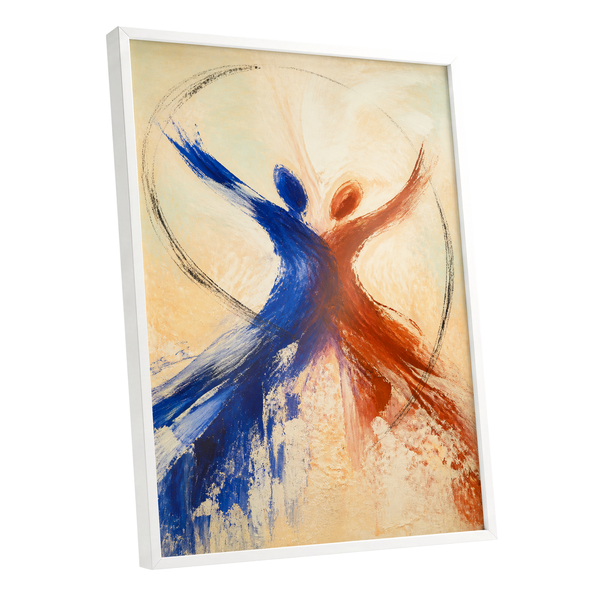 Dance in Blue and Ember, blue, orange, beige abstract wall art shown as a white framed poster wall art print