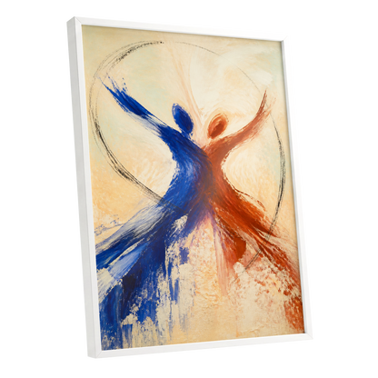 Dance in Blue and Ember, blue, orange, beige abstract wall art shown as a white framed poster wall art print