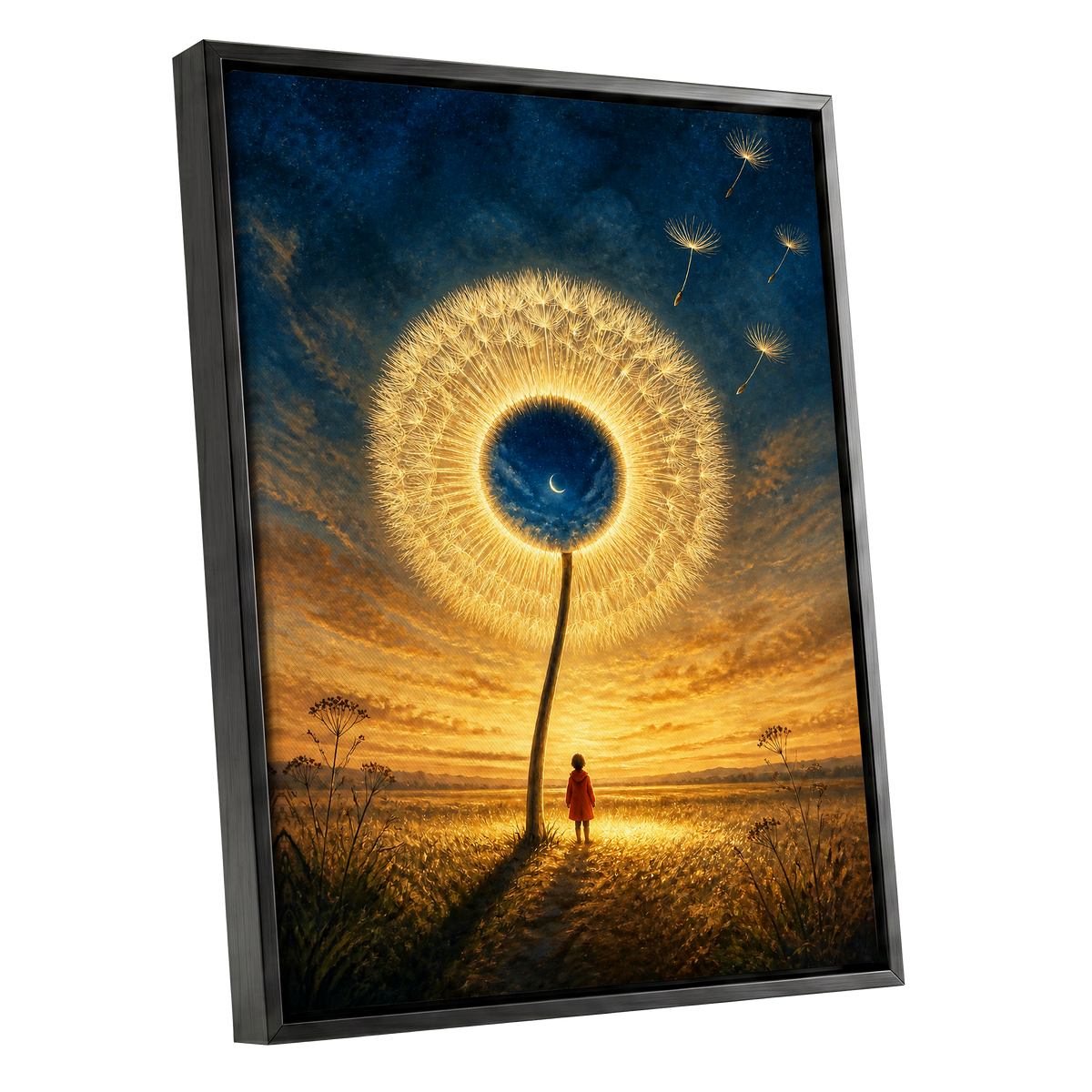 Dandelion Afterglow, gold, blue, orange floral wall art shown as a black framed canvas wall art