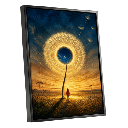 Dandelion Afterglow, gold, blue, orange floral wall art shown as a black framed canvas wall art