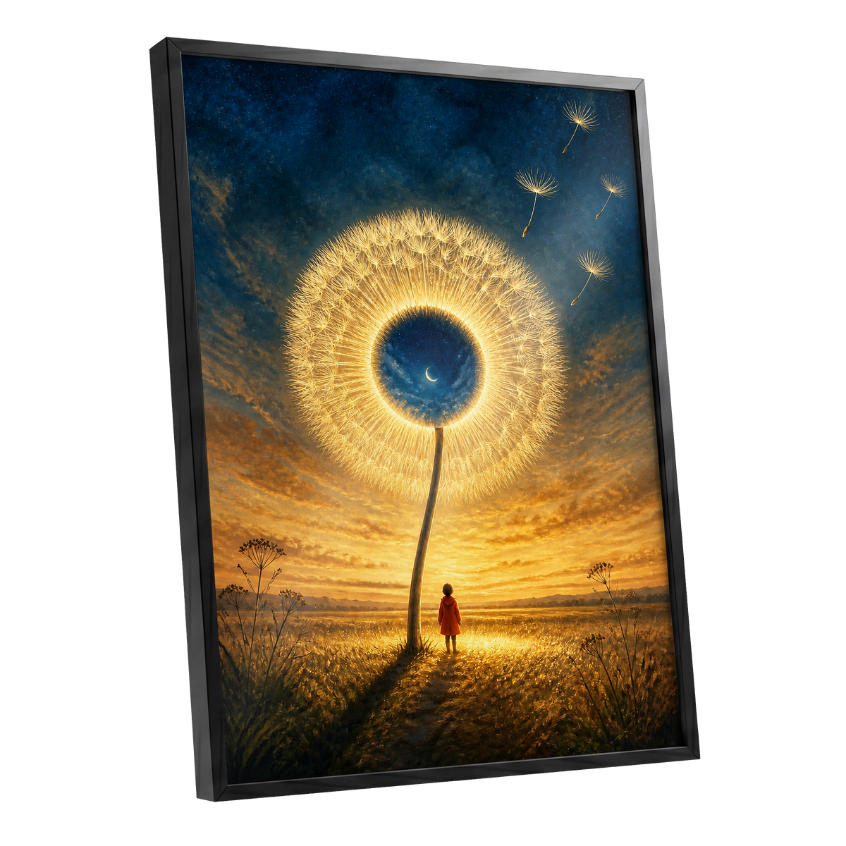 Dandelion Afterglow, gold, blue, orange floral wall art shown as a black framed poster wall art print