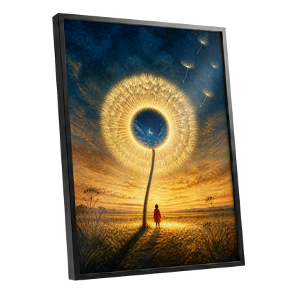 Dandelion Afterglow, gold, blue, orange floral wall art shown as a black framed poster wall art print